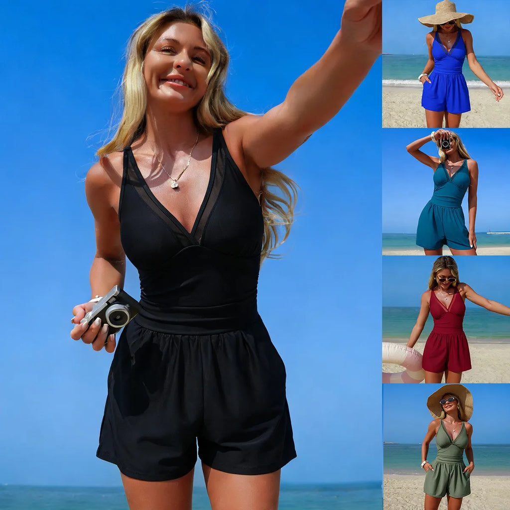 Black Solid Color Sleeveless V Neck Swimsuit with Sheer Mesh Panel Ruched Waist High Stretch Halter Neck Mini Length Swimwear