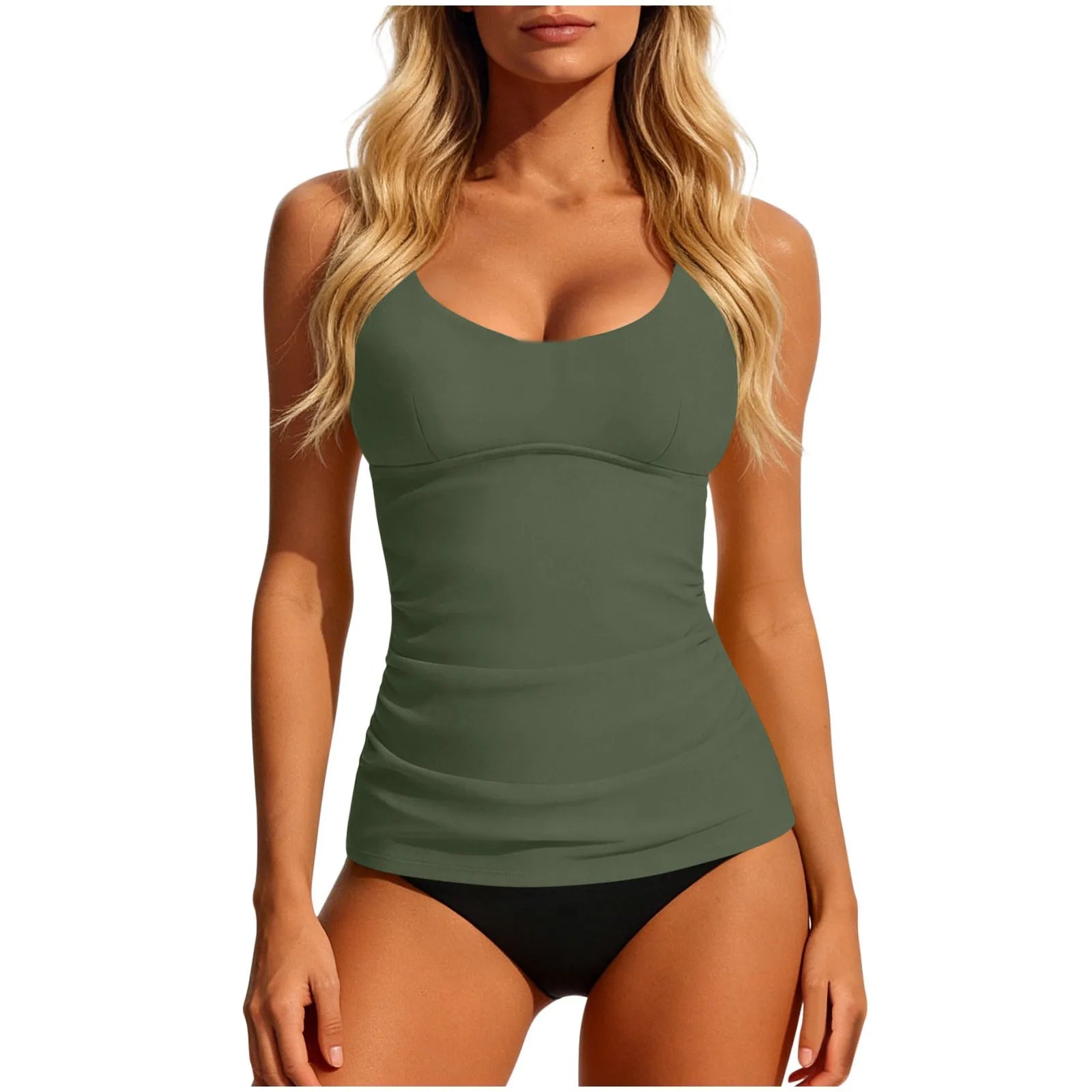 Women's 2026 Tankini Teal Scoop Neck Tankini Top Solid Ruched Waist Two Piece Swimsuit Bikini Bottom Cropped Swim Separates