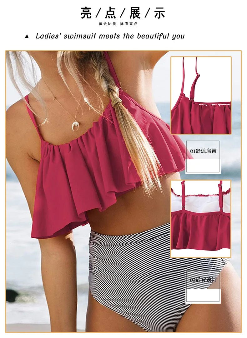 2024 New Bikini Set Ruffled Top Stripe Bottom Swimsuit Sexy Women Bikinis High Waisted Beachwear Fashion Female Bathing Suit - Nouti.market