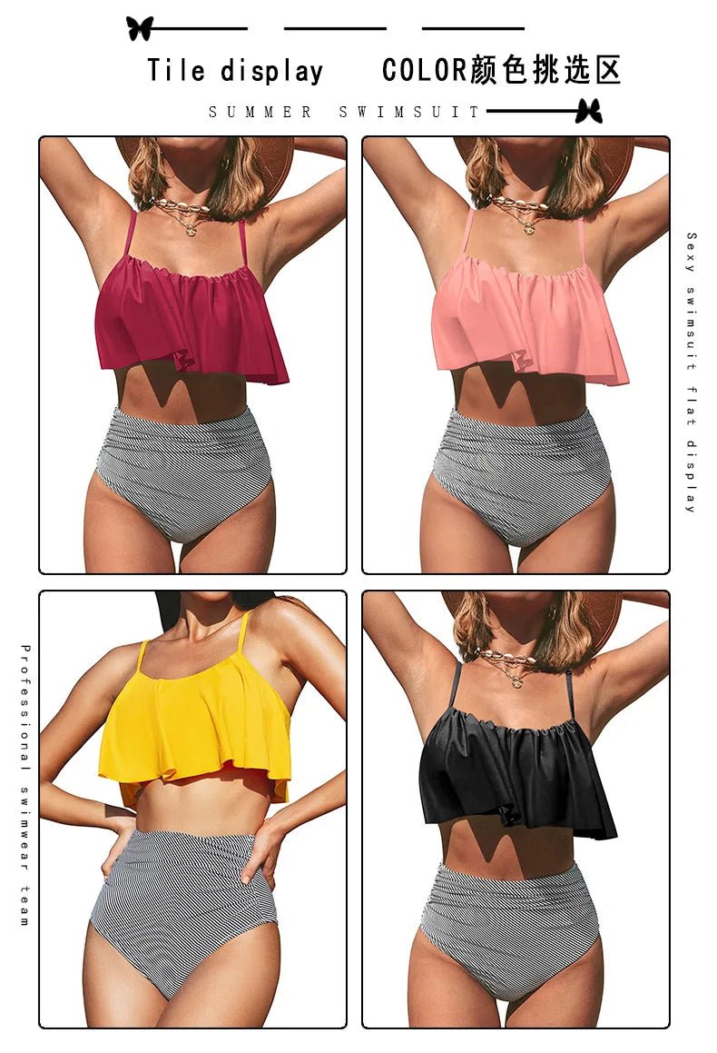 2024 New Bikini Set Ruffled Top Stripe Bottom Swimsuit Sexy Women Bikinis High Waisted Beachwear Fashion Female Bathing Suit - Nouti.market