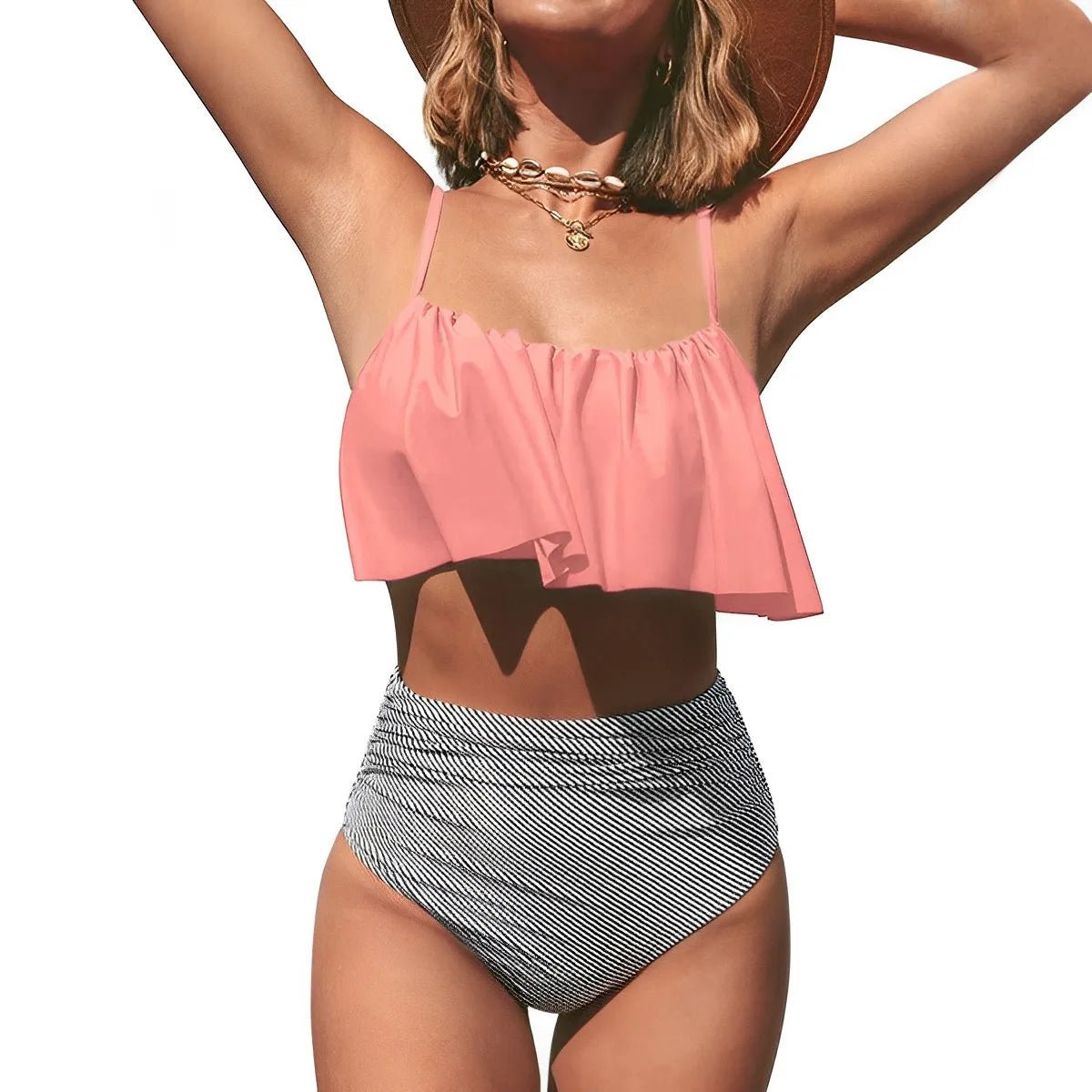 2024 New Bikini Set Ruffled Top Stripe Bottom Swimsuit Sexy Women Bikinis High Waisted Beachwear Fashion Female Bathing Suit - Nouti.market
