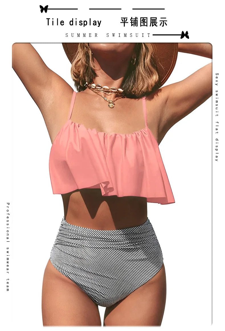 2024 New Bikini Set Ruffled Top Stripe Bottom Swimsuit Sexy Women Bikinis High Waisted Beachwear Fashion Female Bathing Suit - Nouti.market