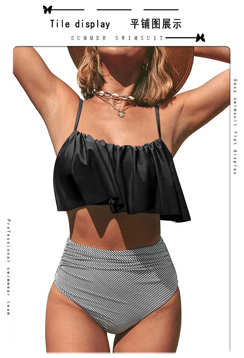 2024 New Bikini Set Ruffled Top Stripe Bottom Swimsuit Sexy Women Bikinis High Waisted Beachwear Fashion Female Bathing Suit - Nouti.market