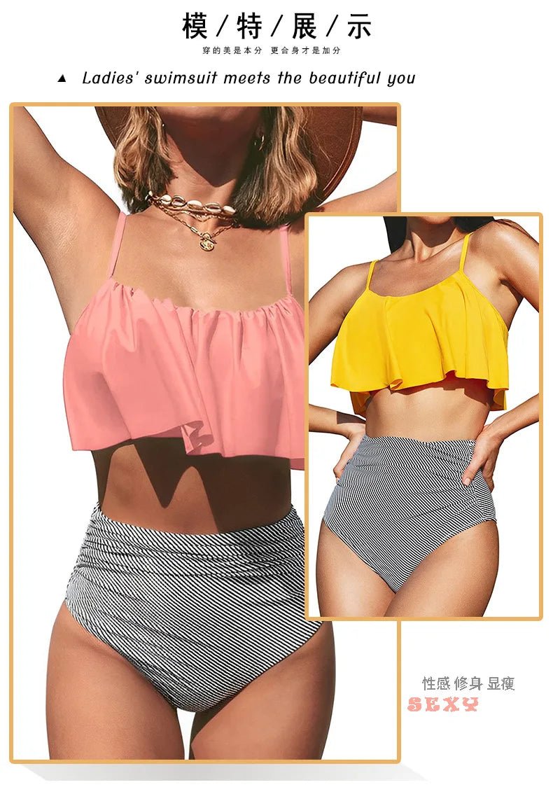 2024 New Bikini Set Ruffled Top Stripe Bottom Swimsuit Sexy Women Bikinis High Waisted Beachwear Fashion Female Bathing Suit - Nouti.market