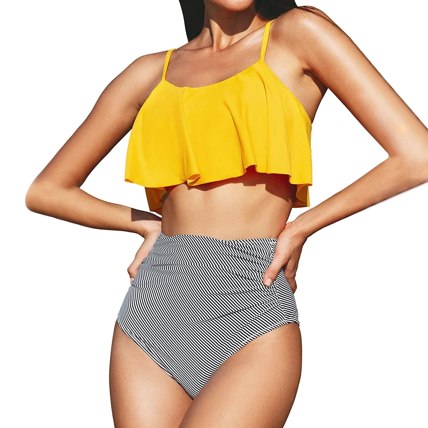 2024 New Bikini Set Ruffled Top Stripe Bottom Swimsuit Sexy Women Bikinis High Waisted Beachwear Fashion Female Bathing Suit - Nouti.market