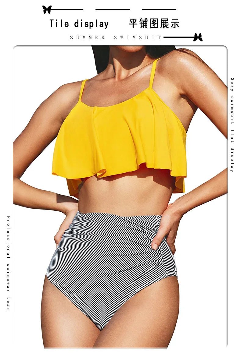 2024 New Bikini Set Ruffled Top Stripe Bottom Swimsuit Sexy Women Bikinis High Waisted Beachwear Fashion Female Bathing Suit - Nouti.market