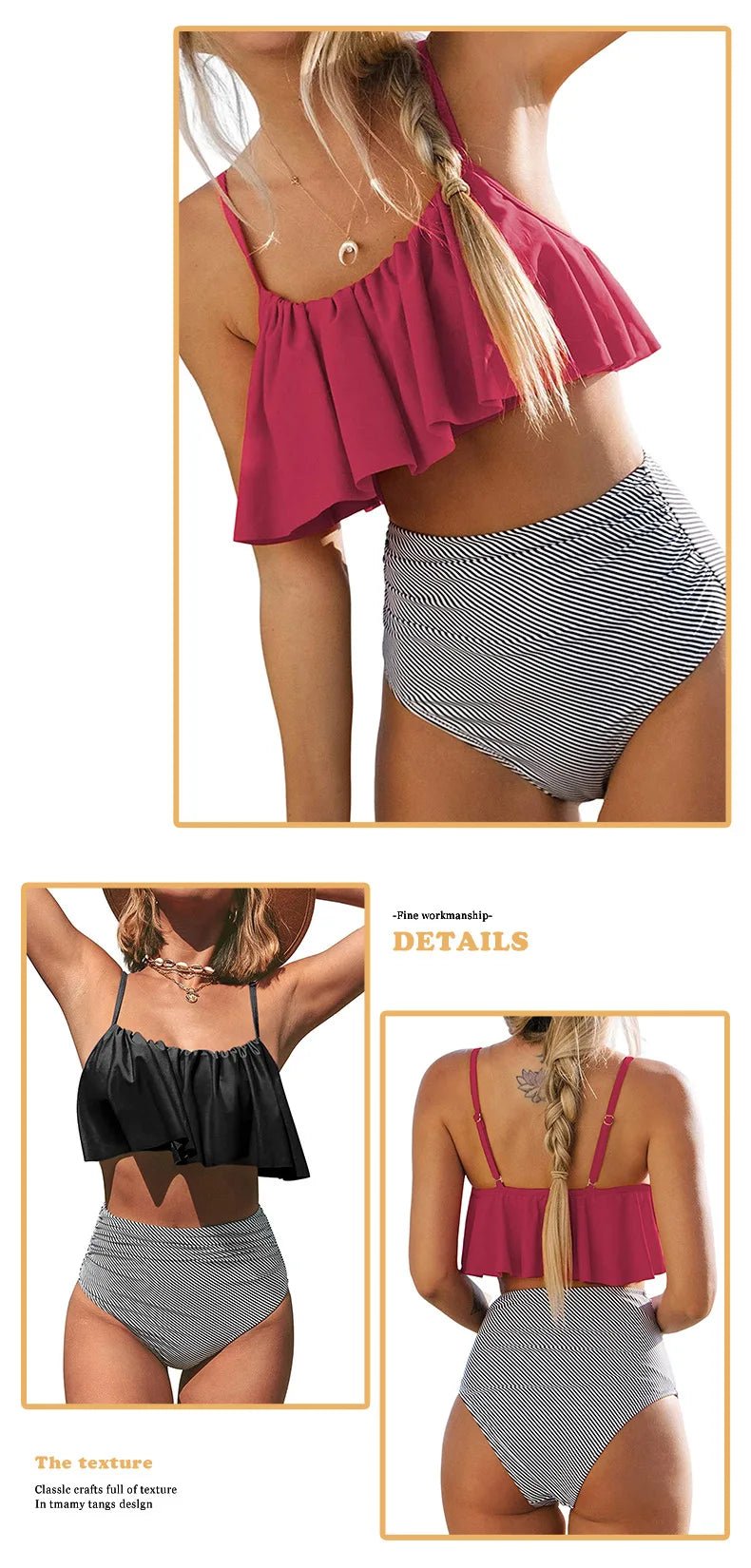 2024 New Bikini Set Ruffled Top Stripe Bottom Swimsuit Sexy Women Bikinis High Waisted Beachwear Fashion Female Bathing Suit - Nouti.market