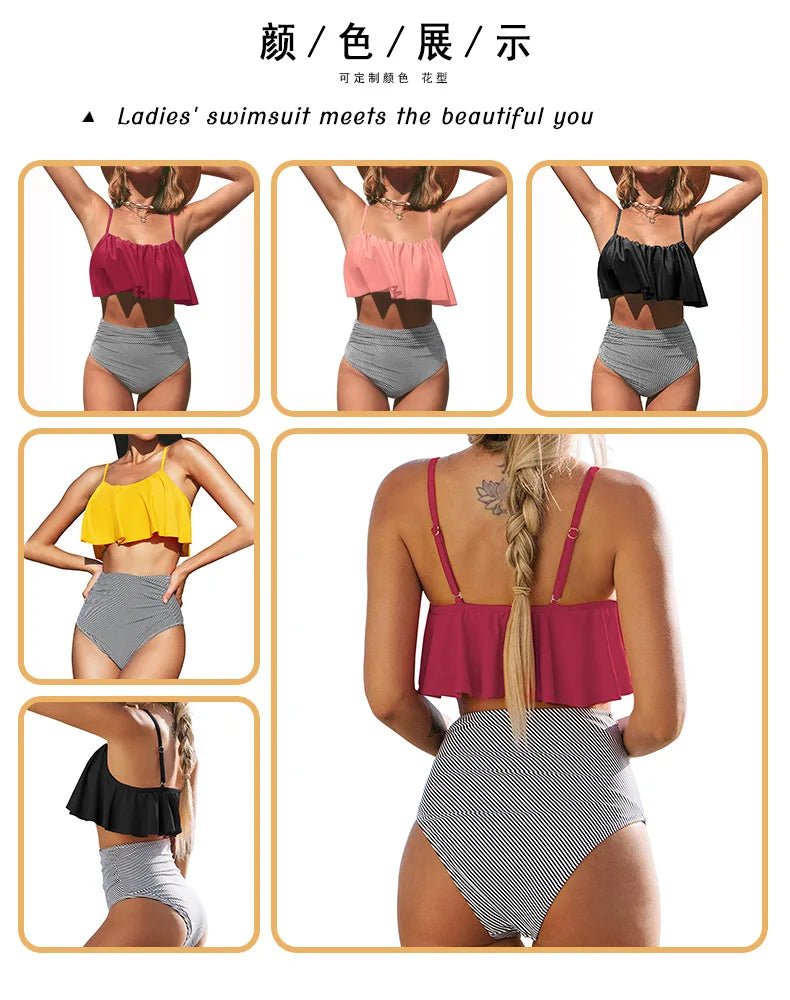 2024 New Bikini Set Ruffled Top Stripe Bottom Swimsuit Sexy Women Bikinis High Waisted Beachwear Fashion Female Bathing Suit - Nouti.market