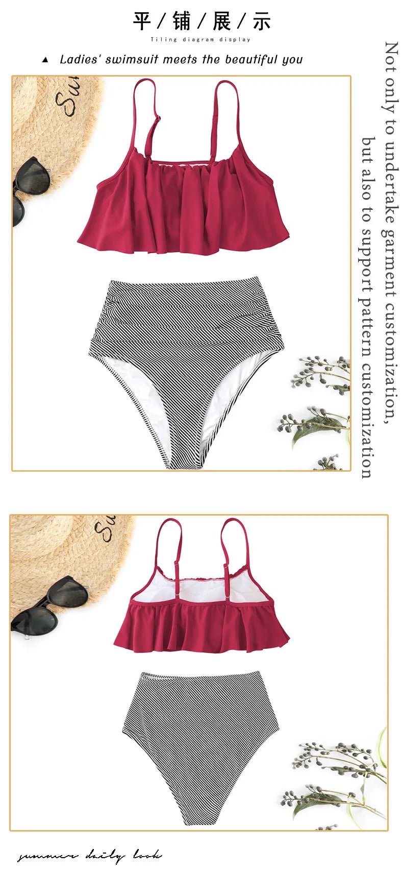 2024 New Bikini Set Ruffled Top Stripe Bottom Swimsuit Sexy Women Bikinis High Waisted Beachwear Fashion Female Bathing Suit - Nouti.market