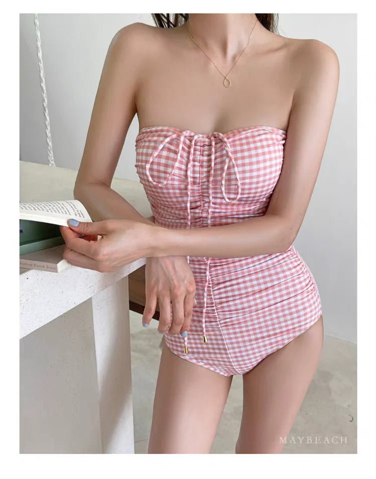 2024 New Women's One - Piece Swimsuit Blue Plaid Cover - Up Bikini Sexy Girl Style Comfortable Fit Swimming Suit Casual Swimwear - Nouti.market