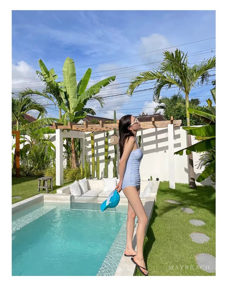2024 New Women's One - Piece Swimsuit Blue Plaid Cover - Up Bikini Sexy Girl Style Comfortable Fit Swimming Suit Casual Swimwear - Nouti.market