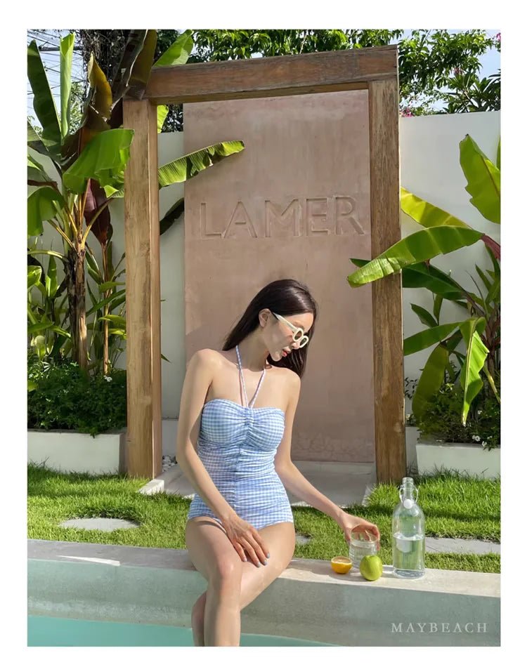 2024 New Women's One - Piece Swimsuit Blue Plaid Cover - Up Bikini Sexy Girl Style Comfortable Fit Swimming Suit Casual Swimwear - Nouti.market