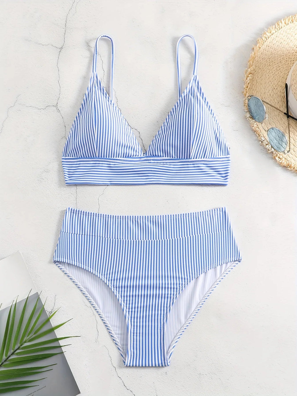 2026 New Blue White Striped High Waist Bikini Set Women Two Piece Swimsuit Triangle Wrap Top Swimwear Beachwear Bathing Suit  - Nouti.market