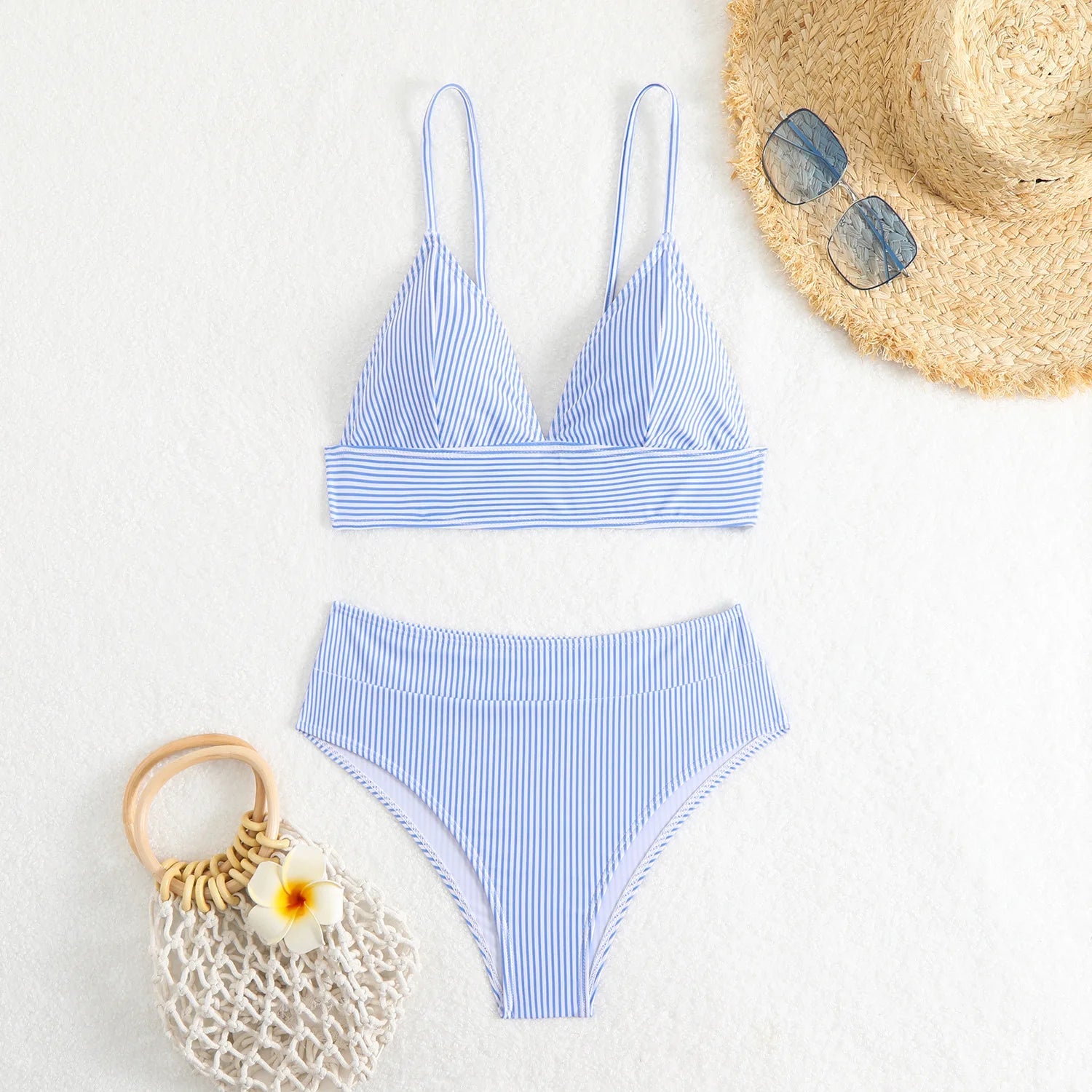 2026 New Cross - border Women's High Waist Minimalist Stripe Bikini Set European American Export Swimwear - Nouti.market