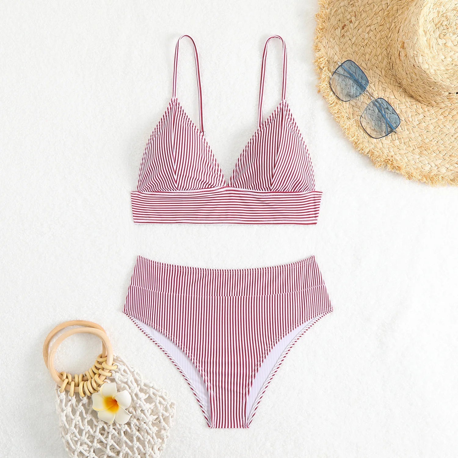 2026 New Cross - border Women's High Waist Minimalist Stripe Bikini Set European American Export Swimwear - Nouti.market