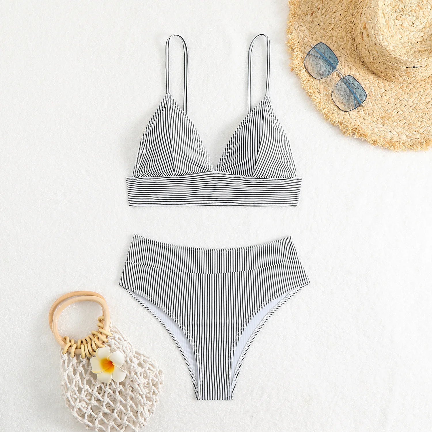 2026 New Cross - border Women's High Waist Minimalist Stripe Bikini Set European American Export Swimwear - Nouti.market