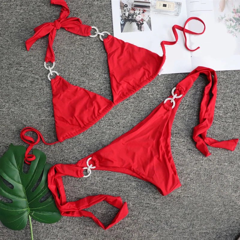 2026 New Women Diamond Bikini Halter Swimsuit Bandage Swimwear Women Separate Bathing Suit Female Beach Bikini Set Low Waist - Nouti.market