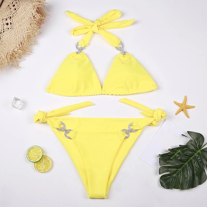 2026 New Women Diamond Bikini Halter Swimsuit Bandage Swimwear Women Separate Bathing Suit Female Beach Bikini Set Low Waist - Nouti.market