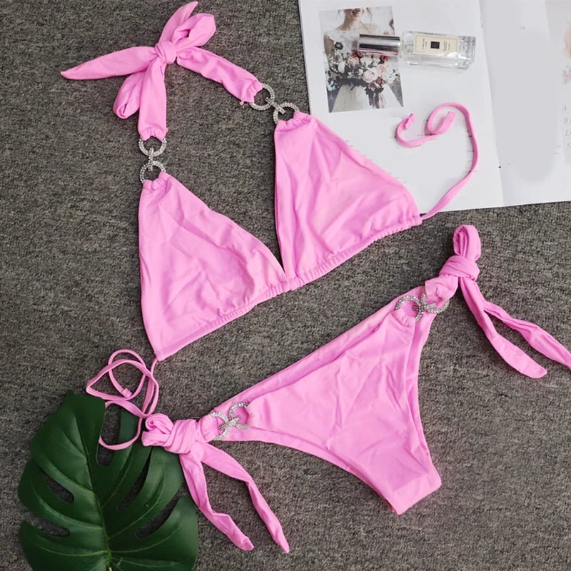 2026 New Women Diamond Bikini Halter Swimsuit Bandage Swimwear Women Separate Bathing Suit Female Beach Bikini Set Low Waist - Nouti.market