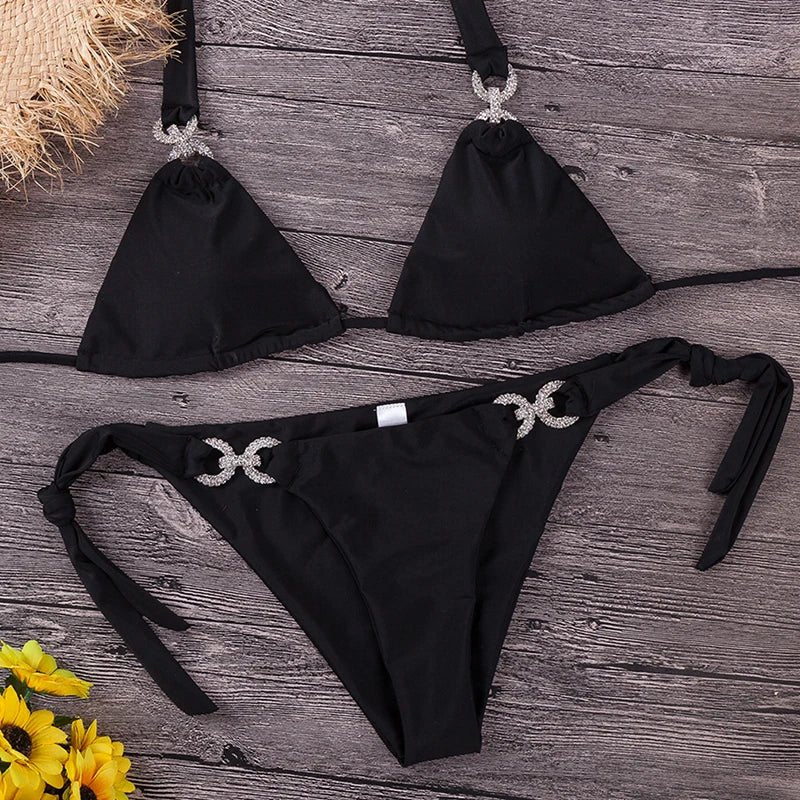 2026 New Women Diamond Bikini Halter Swimsuit Bandage Swimwear Women Separate Bathing Suit Female Beach Bikini Set Low Waist - Nouti.market