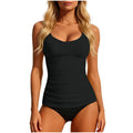 Women's 2026 Tankini Teal Scoop Neck Tankini Top Solid Ruched Waist Two Piece Swimsuit Bikini Bottom Cropped Swim Separates