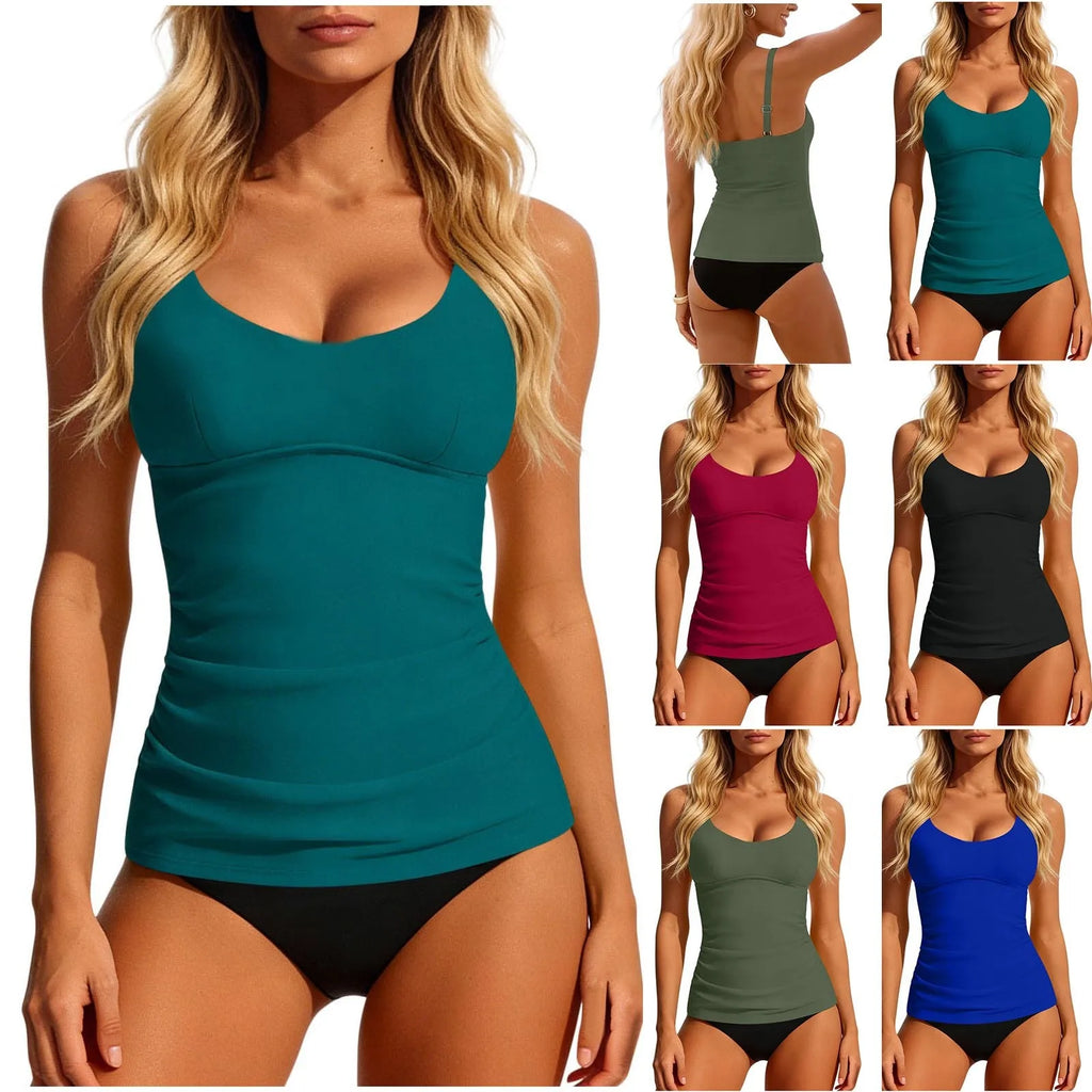 Women's 2026 Tankini Teal Scoop Neck Tankini Top Solid Ruched Waist Two Piece Swimsuit Bikini Bottom Cropped Swim Separates