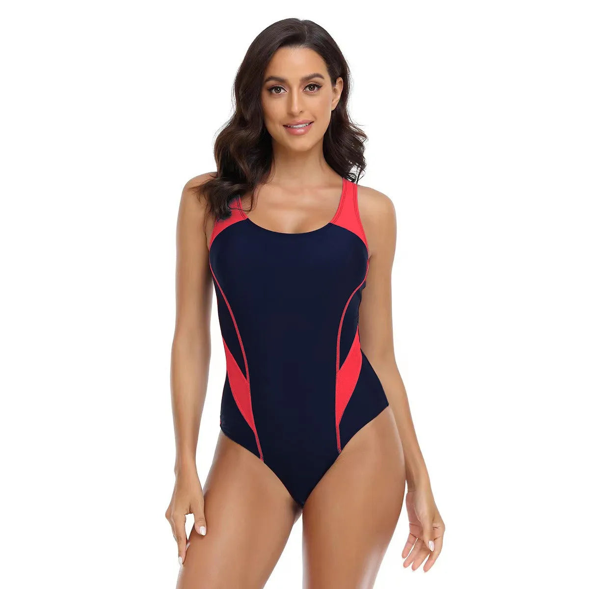 Woman Sleeveless Scoop Neck Swimsuit Navy Blue High Cut Legs Bathing Suit Black Open Back Swimwear Red Accent Contrast Trim