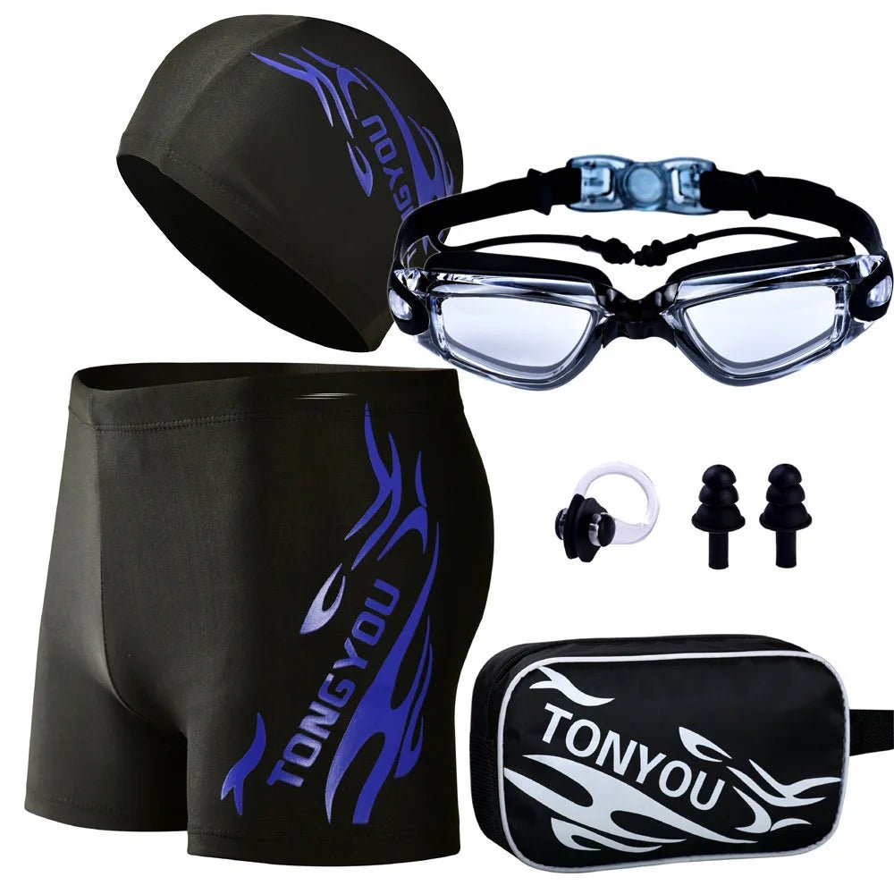 5 Pieces Men Goggles Swimming Cap Pants Outfit Trunks Male Boxer Hot Spring Big Yards Loose Bathing Suit Adult Mone Swimsuit - Nouti.market