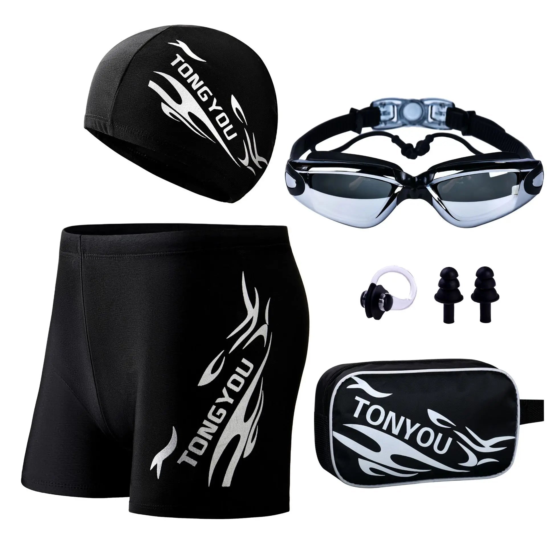 5 Pieces Men Goggles Swimming Cap Pants Outfit Trunks Male Boxer Hot Spring Big Yards Loose Bathing Suit Adult Mone Swimsuit - Nouti.market
