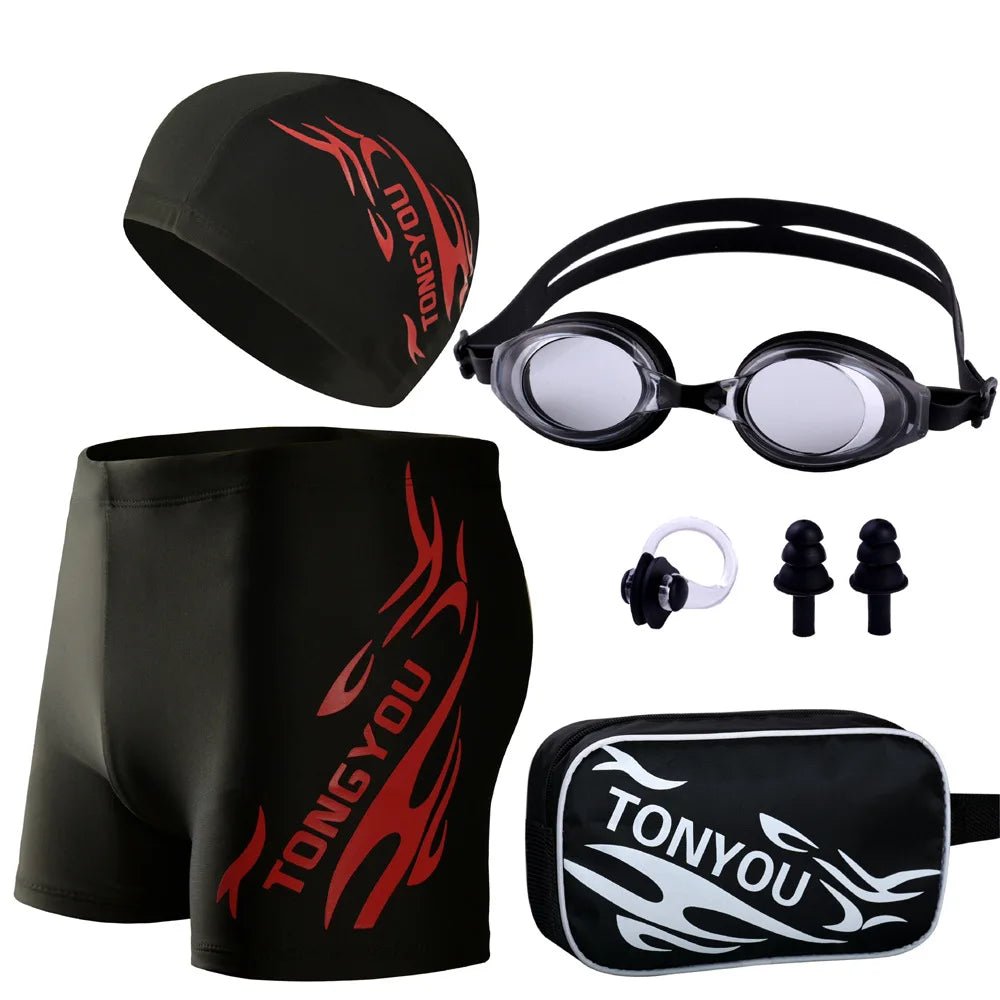 5 Pieces Men Goggles Swimming Cap Pants Outfit Trunks Male Boxer Hot Spring Big Yards Loose Bathing Suit Adult Mone Swimsuit - Nouti.market