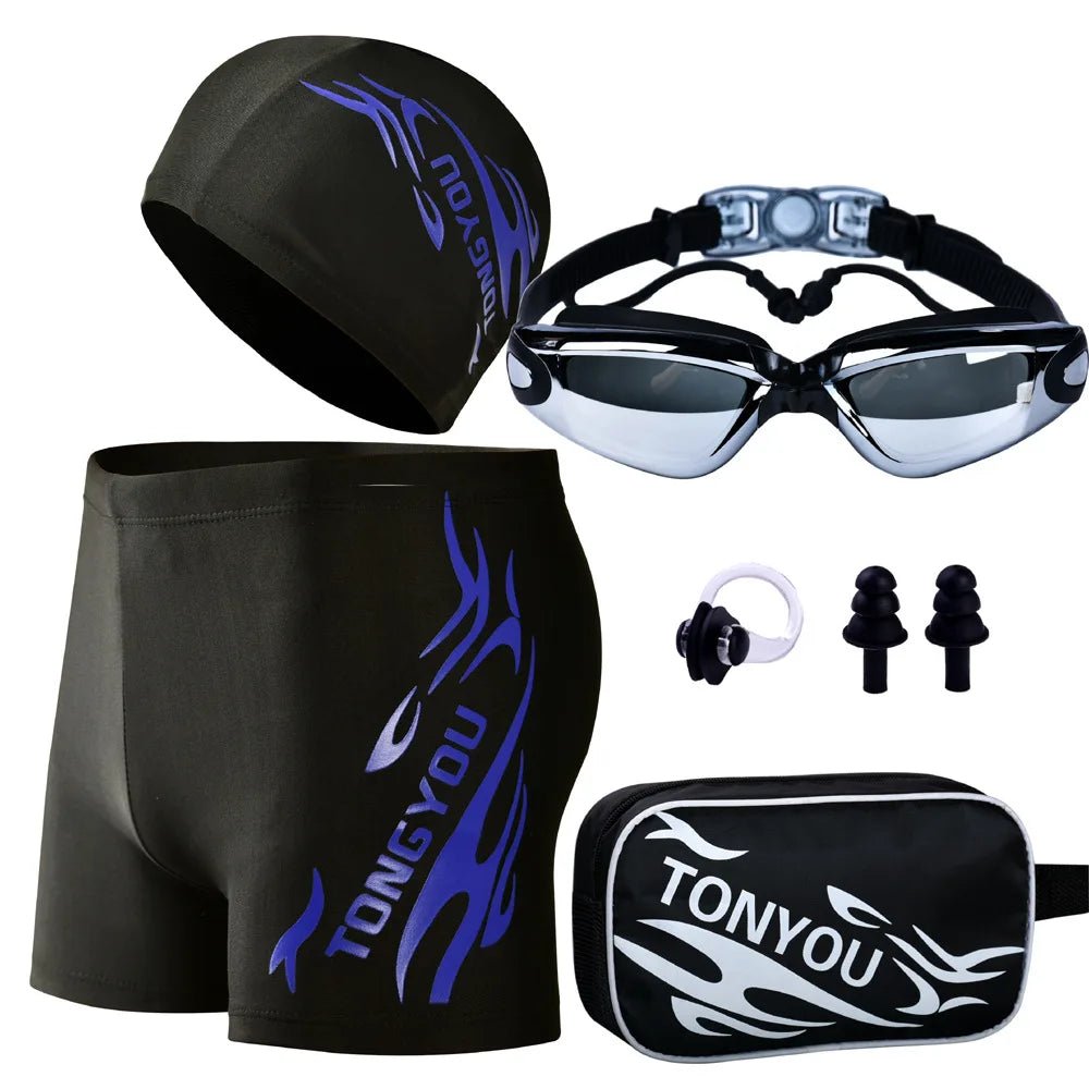 5 Pieces Men Goggles Swimming Cap Pants Outfit Trunks Male Boxer Hot Spring Big Yards Loose Bathing Suit Adult Mone Swimsuit - Nouti.market