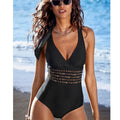 Woman Swimsuit Tankini Solid Color Cross Back Swimwear V Neck Ruched Waist Black Bathing Suit Halter Neck High Cut Legs One