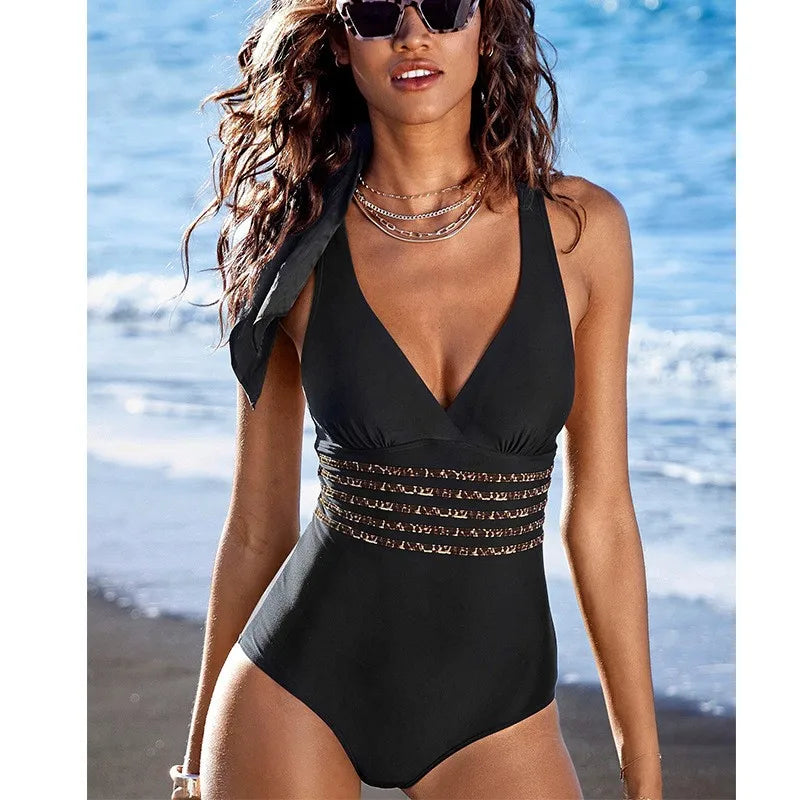 Woman Swimsuit Tankini Solid Color Cross Back Swimwear V Neck Ruched Waist Black Bathing Suit Halter Neck High Cut Legs One