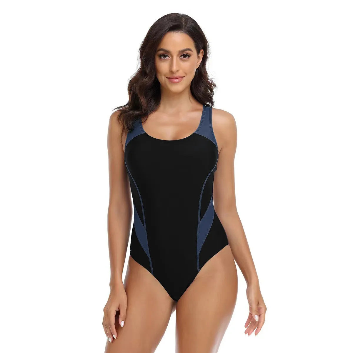 Woman Sleeveless Scoop Neck Swimsuit Navy Blue High Cut Legs Bathing Suit Black Open Back Swimwear Red Accent Contrast Trim