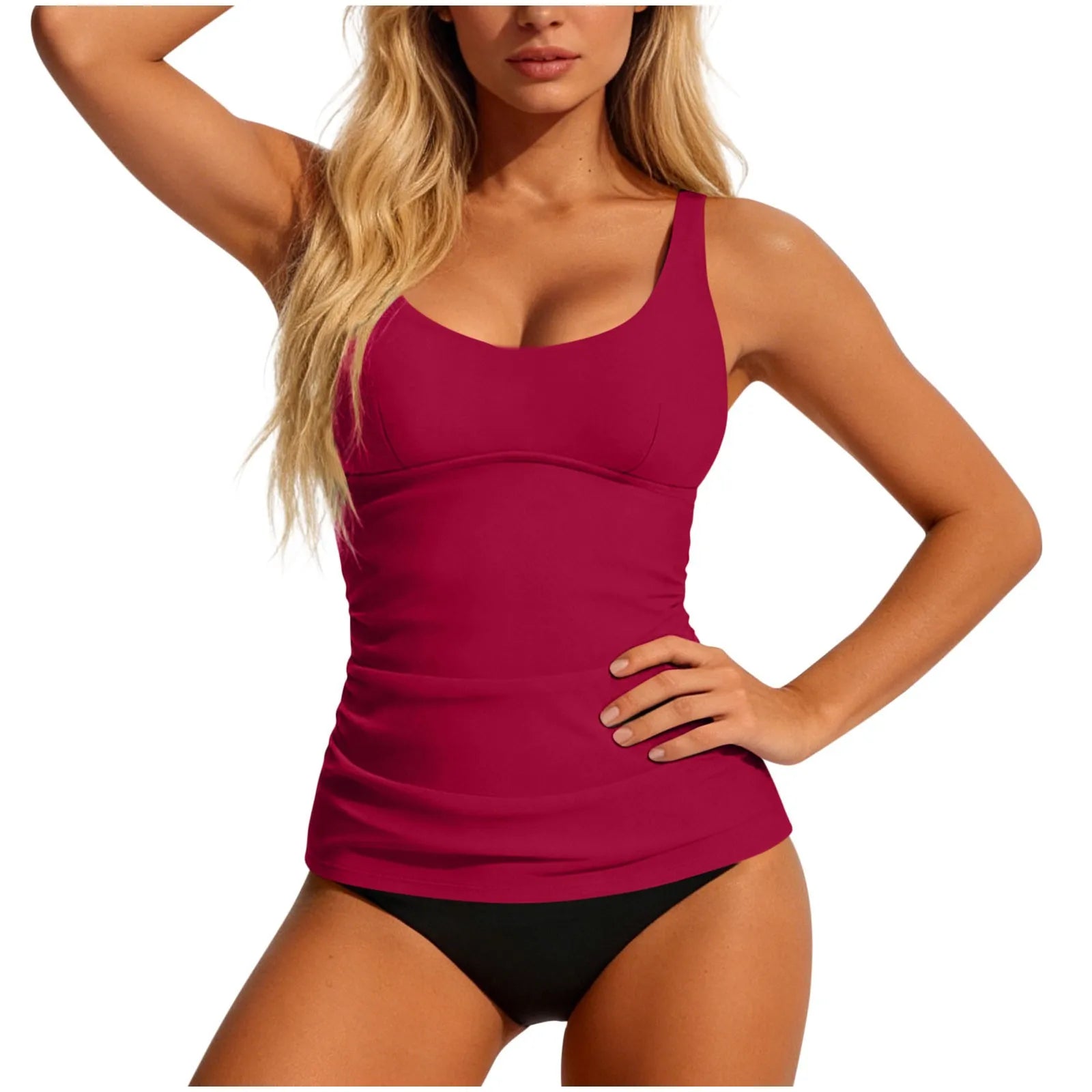 Women's 2026 Tankini Teal Scoop Neck Tankini Top Solid Ruched Waist Two Piece Swimsuit Bikini Bottom Cropped Swim Separates