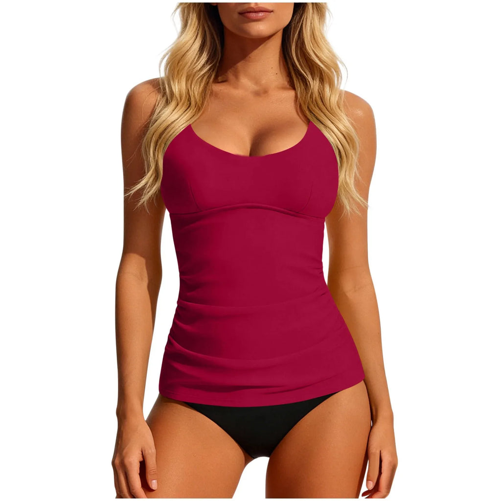 Women's 2026 Tankini Teal Scoop Neck Tankini Top Solid Ruched Waist Two Piece Swimsuit Bikini Bottom Cropped Swim Separates