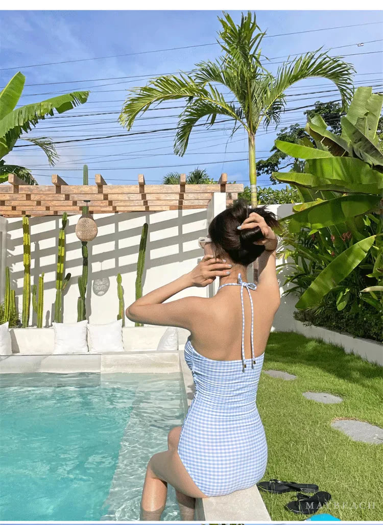 2024 New Women's One-Piece Swimsuit Blue Plaid Cover-Up Bikini Sexy Girl Style Comfortable Fit Swimming Suit Casual Swimwear