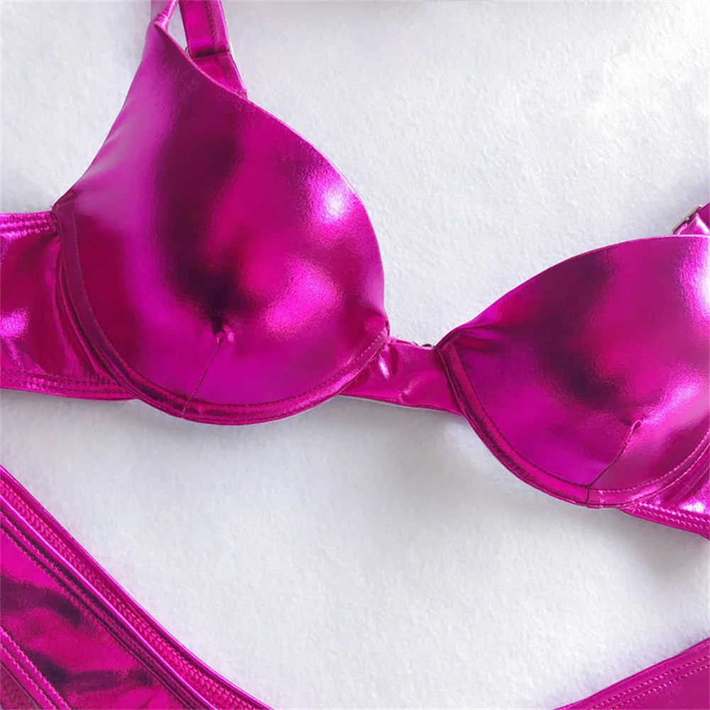 Gold Bikini Push Up Bra Women Trend Y2K Swimwear Glossy Metallic Beach Outfit Swimsuit Bath Suit Club Micro Bikinis Tangas Mujer