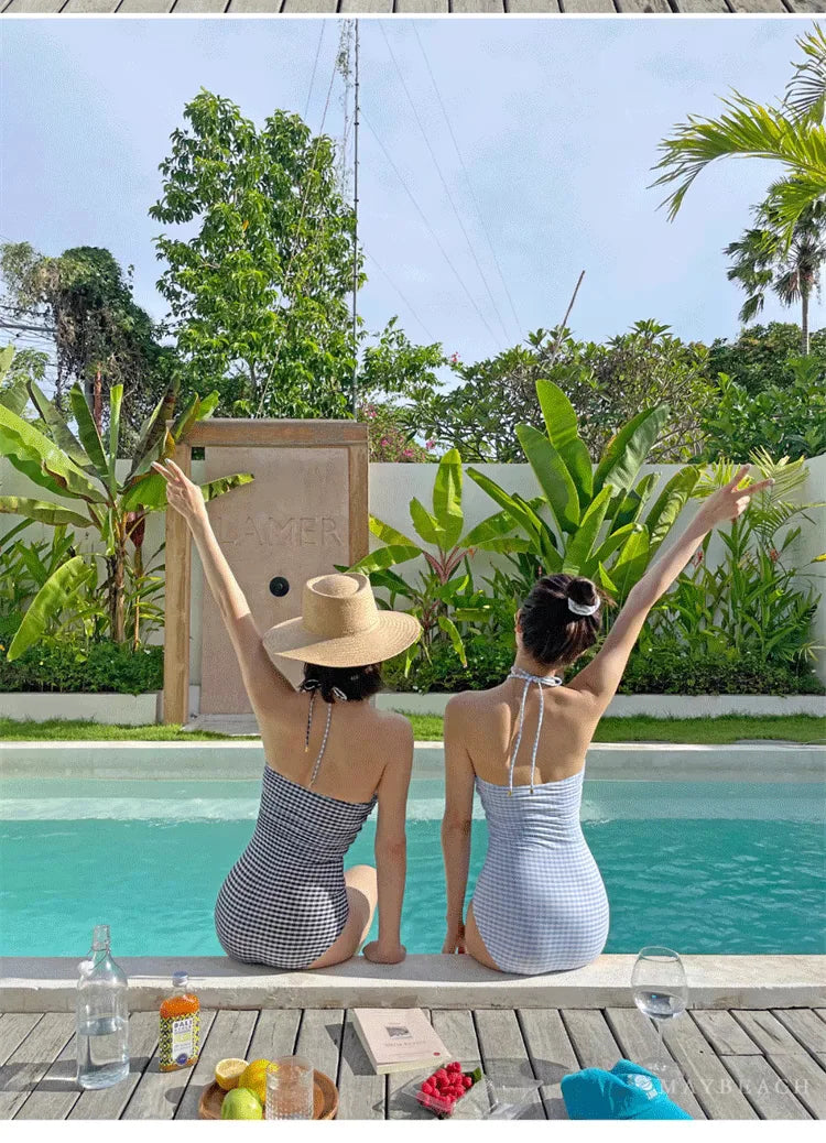 2024 New Women's One-Piece Swimsuit Blue Plaid Cover-Up Bikini Sexy Girl Style Comfortable Fit Swimming Suit Casual Swimwear