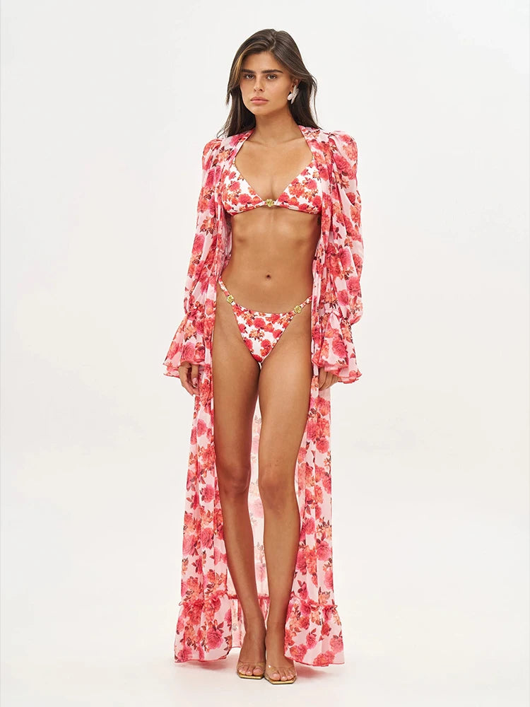ZRTAK Long Beach Dress Ruffles Bikini Cover Up 2026 Floral Printed Swimsuits Dresses Women Sexy Cover-Ups Summer Swimming Wear
