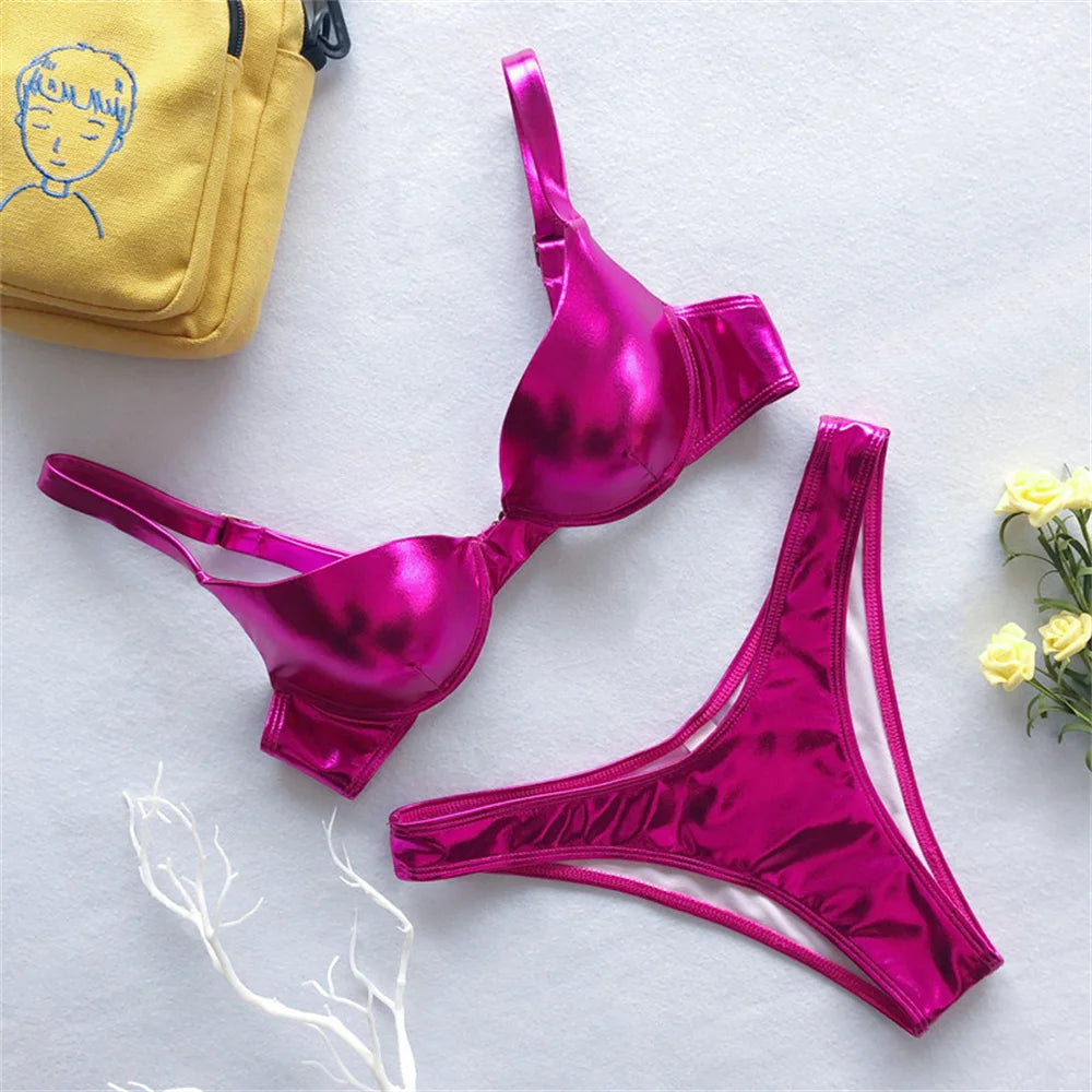 Gold Bikini Push Up Bra Women Trend Y2K Swimwear Glossy Metallic Beach Outfit Swimsuit Bath Suit Club Micro Bikinis Tangas Mujer