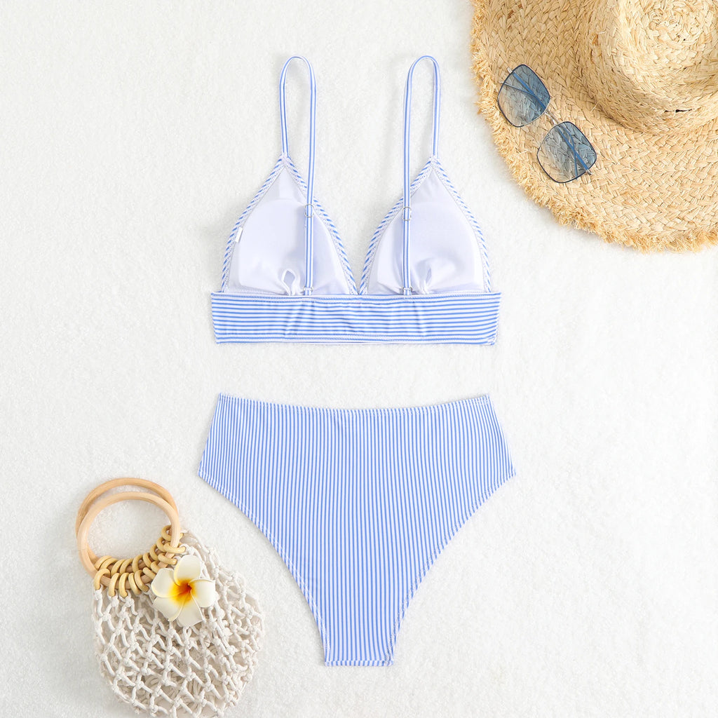 Sexy Striped Bikini Swimsuit Women's Fashionable Two-Piece Swimwear V-Neck Design with Chest Pad No Steel Support