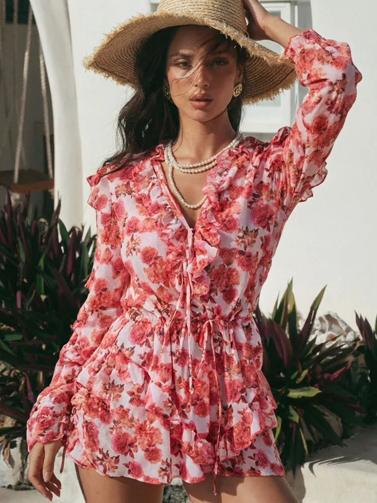 ZRTAK Long Beach Dress Ruffles Bikini Cover Up 2026 Floral Printed Swimsuits Dresses Women Sexy Cover-Ups Summer Swimming Wear