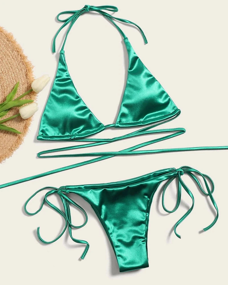 Wrap Around Halter Metallic Satin Bikini Women Swimwear Female Swimsuit Two-pieces Bikini Set Brazilian Bathing Suit Swim Lady