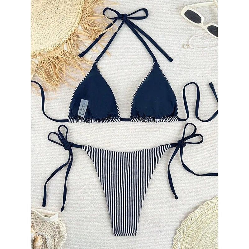 New Euro-American Striped Bikini Set Women Outdoor Vacation Beach Sexy Halter Split Swimsuit Lace-Up Thong Brazilian Swimwear