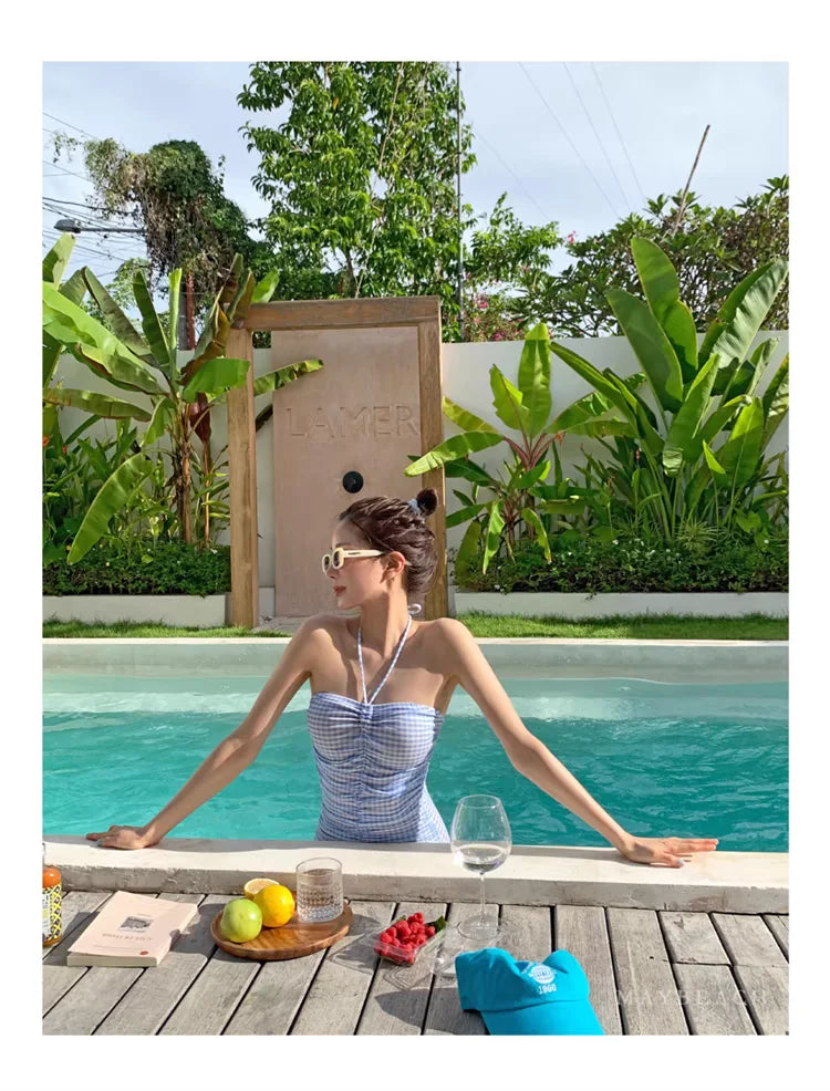 2024 New Women's One-Piece Swimsuit Blue Plaid Cover-Up Bikini Sexy Girl Style Comfortable Fit Swimming Suit Casual Swimwear