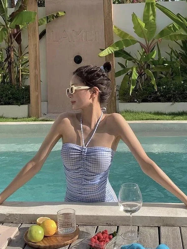 2024 New Women's One-Piece Swimsuit Blue Plaid Cover-Up Bikini Sexy Girl Style Comfortable Fit Swimming Suit Casual Swimwear