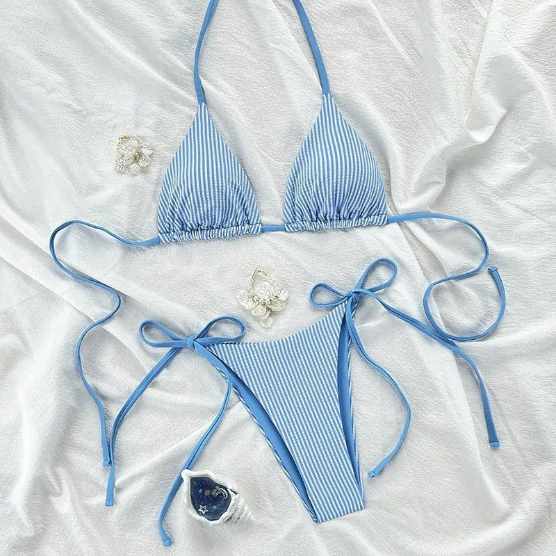 New Euro-American Striped Bikini Set Women Outdoor Vacation Beach Sexy Halter Split Swimsuit Lace-Up Thong Brazilian Swimwear