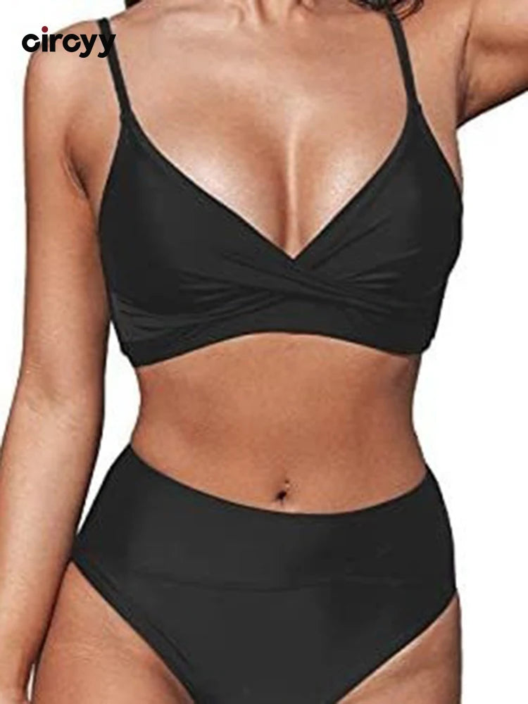 Circyy Sexy Bikini Set Women Halter Low Cut Backless Bathing Suit Holiday High Waiste Thongs Summer 2026 New Chic Split Swimsuit