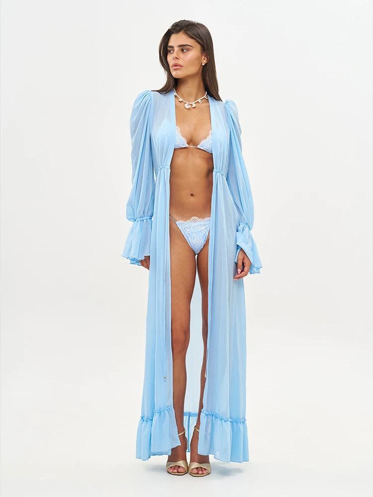 ZRTAK Long Beach Dress Ruffles Bikini Cover Up 2026 Floral Printed Swimsuits Dresses Women Sexy Cover-Ups Summer Swimming Wear